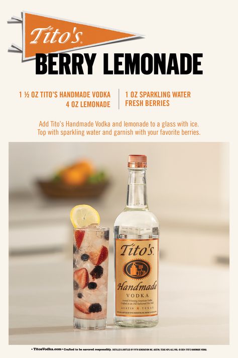 Prepping for the big game? Just grab Tito’s Handmade Vodka, lemonade, and fresh berries. Now that’s something everyone can agree on (no matter what team they’re rooting for). Simple, smooth, and naturally gluten-free. Cheers to game day with Tito’s. Drink Recipes With Titos, Alcoholic Drinks With Titos, Simple Titos Drinks, Drinks With Titos Vodka Cocktails, Drinks To Make With Titos Vodka, Mommy Juice, Cocktail Drinks Alcoholic, Vodka Drinks, Titos Vodka