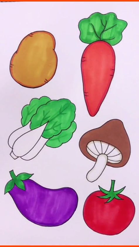 Two Vegetables Drawing, How To Draw Vegetables Easy, Simple Vegetable Drawings, Teaching Drawing For Beginners, How To Draw Vegetables Step By Step, Vegetable Drawing Simple, How To Draw Vegetables, Cute Vegetables Drawing, Vegetables Drawing For Kids