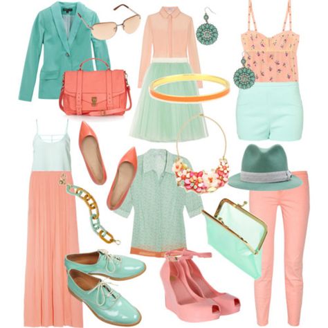 Doux Rousse: color combination: peach and mint Mint Skirt Outfit, Peach Colour Combinations, Peach Clothing, Mint Green Outfits, Mint Outfit, Peach Clothes, Mint Skirt, Peach Color Dress, Color Melon