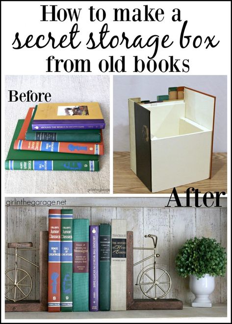 DIY hidden secret storage book box from thrifted book covers - Easy DIY tutorial by Girl in the Garage Glamorous Farmhouse, Farmhouse Thrift Store Makeovers, Secret Storage, Thrift Store Crafts, Book Storage, Book Art Diy, Diy Book, The Garage, Diy Box