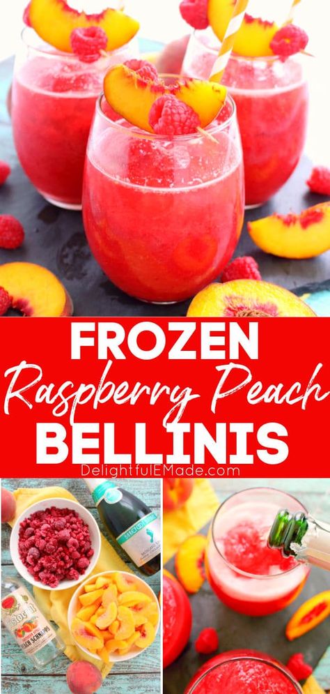 Frozen Peach Bellini Recipe | Delightful E Made Frozen Peach Bellini Recipe, Blended Drink Recipes, Peach Bellini Recipe, Peach Bellini Cocktail, Raspberry Bellini, Frozen Peach Bellini, Bellini Recipe, Frozen Raspberries, Homemade Cocktails