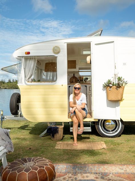 Retro Caravan Rentals Elddis Caravan Makeover, Retro Caravan Exterior, Vintage Camper Van, Caravan Exterior Ideas, Small Caravan Renovation, Retro Caravan Interiors, Yellow Caravan, Coffee Trailers, Caravan Exterior