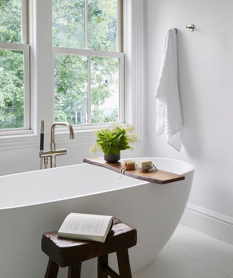 Rustic Style Bathroom, Earthy Materials, Floor Mount Tub Filler, Black Window Trims, Bath Stool, Rustic Bath, Blue Ceilings, Bathtub Tray, Terrazzo Tile