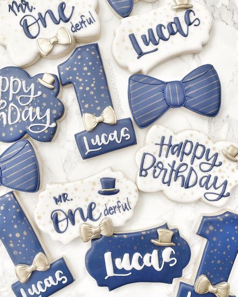 Isn’t He Onederful Birthday, Mr Onederful Birthday Decoration Blue, Mr Onederful Birthday Blue, Onederful Cookies, Onederful Birthday Boy, Mr Wonderful 1st Birthday, Mr Onederful Birthday Cake, Blue Birthday Themes, Mr Onederful Birthday Party Ideas