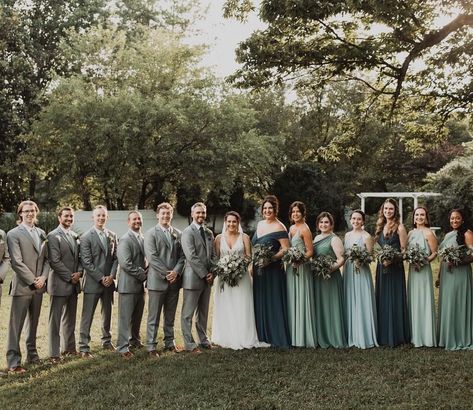 Different Shades Of Green Wedding Party, Green Theme Bridal Party, Different Shades Green Bridesmaid Dresses, Shades Of Green Wedding Theme, Shades Of Green Groomsmen, Bridal Party Mixed Dresses, Green Bridesmaid Dresses Mismatched Spring, Mismatched Wedding Party Color Schemes, Wedding Color Schemes Greens