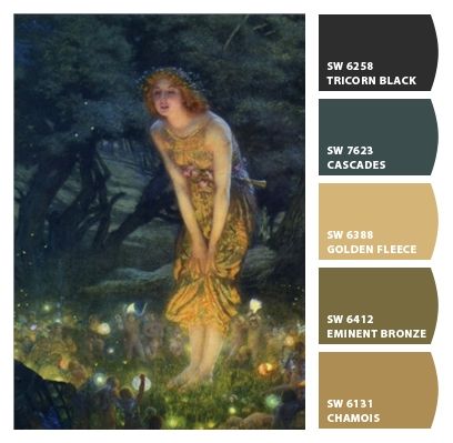 Paint colors from Chip It! by Sherwin-Williams Midsummer Eve Painting, Pre Raphaelite Color Palette, Midsummer Nights Dream Color Palette, Midsummer Color Palette, Greek Mythology Color Palette, Goddess Color Palette, Fairytale Color Palette, Fairy Color Palette, Fantasy Color Palette