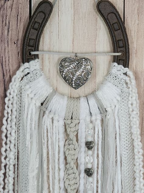 Perfect wedding gift, bridal gift, horseshoe dreamcatcher, baby shower gift,  wall art, white decor, shabby chic decor, boho,  decor, nursery,  rhinestone heart, bling heart, macrame horseshoe Horseshoe Dreamcatcher Diy, Western Macrame, Horseshoe Dream Catcher, Heart Horseshoe, Horseshoe Dreamcatcher, Macrame Hangers, Dreamcatcher Diy, Horseshoe Crafts Projects, Wall Decor Macrame