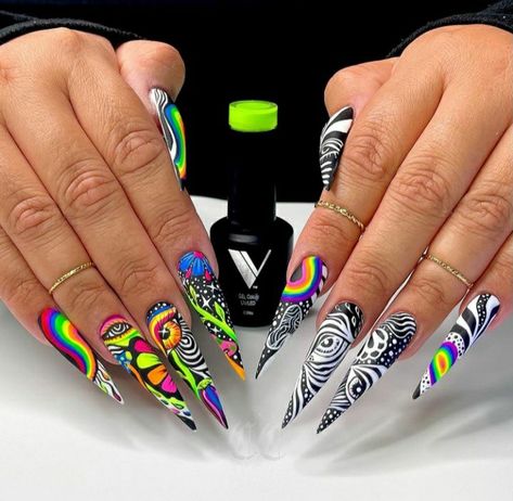 Edc Nails, Rave Nails, Crazy Nail Designs, Crazy Nail Art, Cute Halloween Nails, Hippie Nails, Claw Nails, Stiletto Nails Designs, Crazy Nails