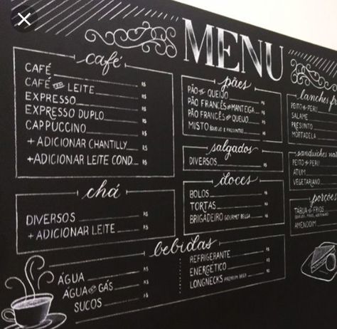 Menu! • Have a chalk board menu up of things we can make for dinner/lunch/snacks! Makeup Room Diy, Cafe Menu Boards, Cafe Chalkboard, Chalk Menu, Blackboard Menu, Papan Tulis Kapur, Vintage Sweets, Coffee Shop Menu, Menue Design