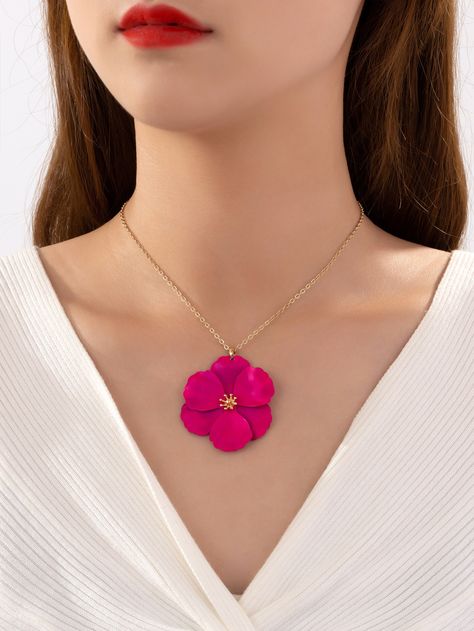 1pc Metallic Fashionable Colorful Exaggerated Tender Flower Pendant Necklace, Ideal Gift For DatingI discovered amazing products on SHEIN.com, come check them out! Pink Collar, Pink Collars, Flower Pendant Necklace, Flower Pendant, Amazing Products, Women Fashion, Ideal Gift, Hot Pink, Length Sleeve