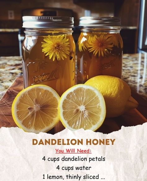 Dandelion Medicinal Recipes, Dandelion Mead Recipe, Dandelion Honey Recipe, How To Make Dandelion Honey, How Do You Decrystalize Honey, Dandelion Honey, The Dandelion, Lemon Slices, Rich Chocolate Cake