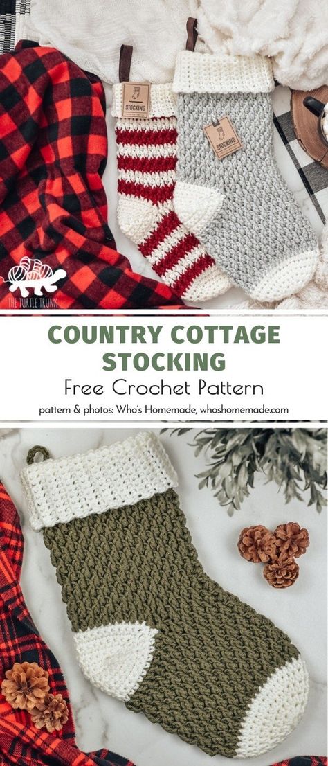 Country Cottage Stocking, Country Cottage Christmas Stocking, Country Christmas Stockings Ideas, Easy Stocking Crochet Pattern, Easy Crochet Christmas Stocking Free Pattern, Free Crochet Christmas Stocking Pattern, Free Crochet Christmas Stocking, Crochet Stocking Pattern Free, Christmas Stocking Pattern Free