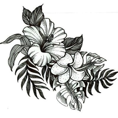 Feme Fatale Tattoo, Tropical Flowers Tattoo Design, Tropical Hibiscus Tattoo, Tropical Flower Tattoo Designs, Tropical Flower Tattoo Sleeve, Jungle Flowers Tattoo, Hawaiian Flower Tattoos Sleeve, Tropical Sleeve Tattoo For Women, Tropical Flowers Tattoo