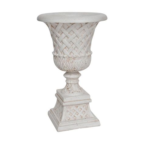 MPG 26.5 in. H. Aged White Cast Stone Lattice Urn and Pedestal Outdoor Urns, Faux Iron, Outdoors Ideas, Square Lattice, Resin Planters, Fiberglass Planters, Garden Urns, Urn Planters, Stone Planters