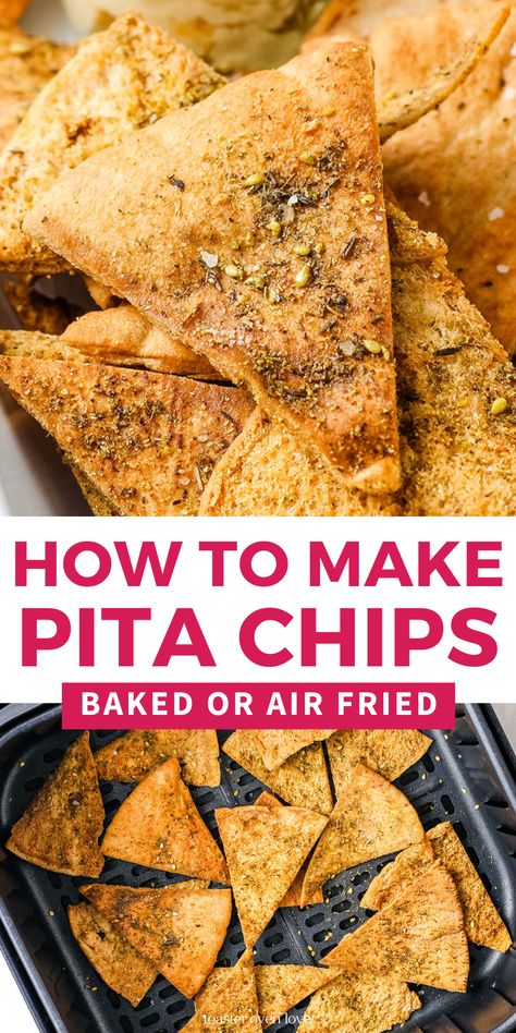 Closeup of seasoned pita chip and air fried pita chips in a basket. Cheap Air Fryer, Pita Chips Recipe, Baked Pita Chips, Homemade Pita Chips, Toaster Oven Recipes, Homemade Pita, Roasted Garlic Hummus, Potato Chip, Pita Chips