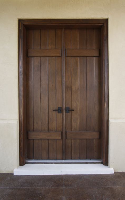 Spanish Cedar Exterior Door in a Board and Batten Style. Spanish Doors Entrance, Spanish Style Doors, Wooden Door Entrance, House Main Door, House Front Door Design, Modern Entrance Door, Double Doors Exterior, House Main Door Design, Main Entrance Door Design