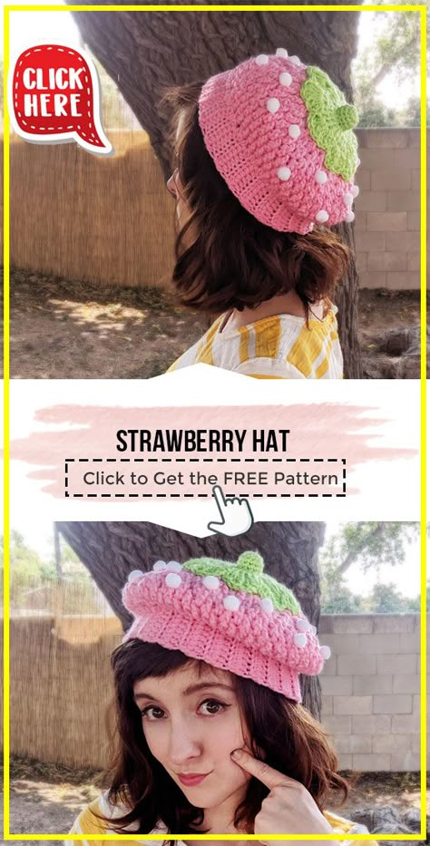 Crochet Strawberry Beret, Strawberry Crochet Hat Pattern, Strawberry Hat Crochet Pattern Free, Strawberry Crochet Projects, Free Crochet Patterns For Beginners Clothing, Easy Crochet Hat Patterns Free Beginners, Cute Crochet Hat Patterns Free, Easy Crochet Tutorial For Beginners, How To Crochet A Hat