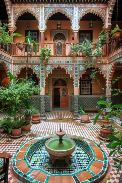 Courtyard Interior, Morocco House, Middle Eastern Architecture, Eastern Architecture, Spanish Courtyard, Moroccan Houses, Oasis Springs, Iranian Architecture, Moroccan Homes