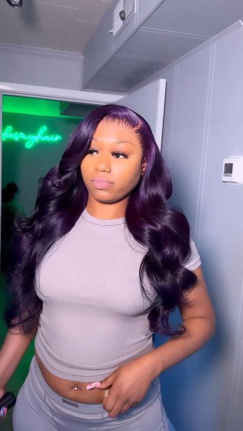 Flawless Hairstyles for Long Hair | Channel Your Inner Goddess Violet Wigs For Black Women, Purple Weave Black Women, Colored Closure Wigs, Dark Purple Frontal Wig, Purple Updo Wig, Lace Wig Color Ideas, Purple Birthday Dress Black Woman, Dark Purple Lace Front Wig, Purple Wig Styles