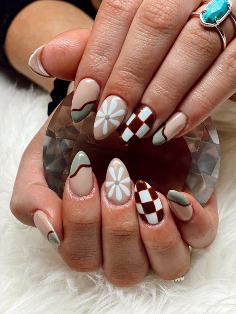 nails utah nails utah aesthetic nail design acrylic nails Fall Checkered Nail Designs, White Nails Western, Fall Nails With Checkers, Fall Retro Nails, Country Fall Nails, Cowboy Halloween Nails, Neutral Nails With Accent, Neutral Nail Designs 2024, Lainey Wilson Nails