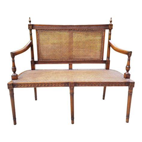 Vintage English Traditional Style Wood and Cane Seat Bench | Chairish West Elm Bench, Carved Bench, Blue Bench, Landing Area, Shop Bench, Seat Bench, Cape House, Leather Bench, Dining Benches