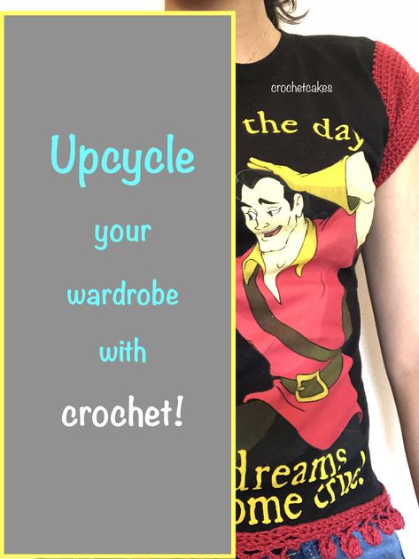 Adding Crochet To Clothes T Shirts, How To Add Crochet To Clothing, Crochet Onto Clothes, Upcycling Clothes With Crochet, Adding Crochet Sleeves To Shirt, Upcycle Clothes With Crochet, Add Crochet To Clothing, Adding Crochet To Clothes, Crochet Upcycle