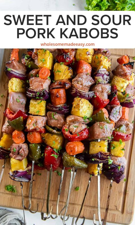 These grilled pork kabobs are loaded with lean protein, sweet pineapple, and colorful vegetables all glazed with a flavorful sweet and sour sauce. Sweet and Sour Pork Kabobs are a fresh and healthy summer meal! Pork Pineapple Kabobs, Pork And Pineapple Kabobs, Summer Pork Recipes Dinners, Pork Skewers Kabobs, Pork Kabobs Marinade, Pork Kabobs On The Grill, Grilled Dinners, Christmas Luau, Easy Summer Grilling Recipes