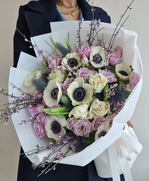 Anemones, double tulips, eryngium, purple spray roses and genista. Anemones Wedding Bouquet, Anemone Floral Arrangements, Anemone Flower Bouquet, Peonies And Anemones Bouquet, Dahlia And Anemone Bouquet, Eryngium Bouquet, Anemone And Rose Bouquet, Anemone Flower Bouquet Ranunculus, Purple Anemone Bouquet