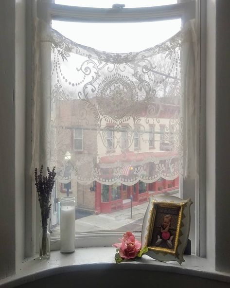 Amanda on Instagram: “My little town and a favorite old window adorned with lace... Quarantine has me playing with lace 😂 #smalltownliving #windowwithaview…” Lace Curtains Living Room, Small Town Living, Lace Window, Living Room Blinds, Lace Curtains, Diy Curtains, Curtains Window Treatments, Window Shades, Curtains Living Room