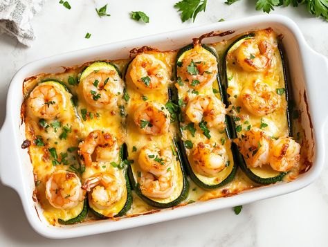 Garlicky Shrimp Zucchini Boats Recipe Zucchini Boats Shrimp, Shrimp Boats Recipe, Shrimp Zucchini Boats, Chicken Pomodoro, Zucchini Boats Recipe, Zucchini Boat, Chocolate Rugelach, Shrimp Zucchini, Garlicky Shrimp