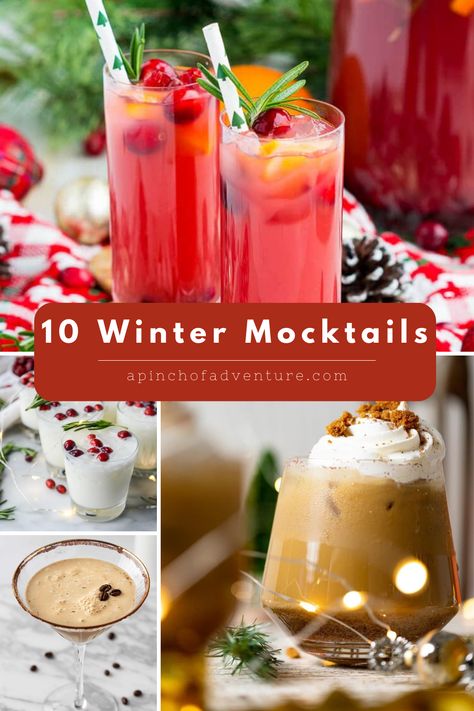 10 Best Winter Mocktails - A Pinch of Adventure Winter Mocktail, Christmas Mocktail Recipes, Best Mocktail Recipe, Winter Mocktails, Mocktail Party, Autumn Foods, Christmas Mocktails, Holiday Mocktail, Easy Mocktails