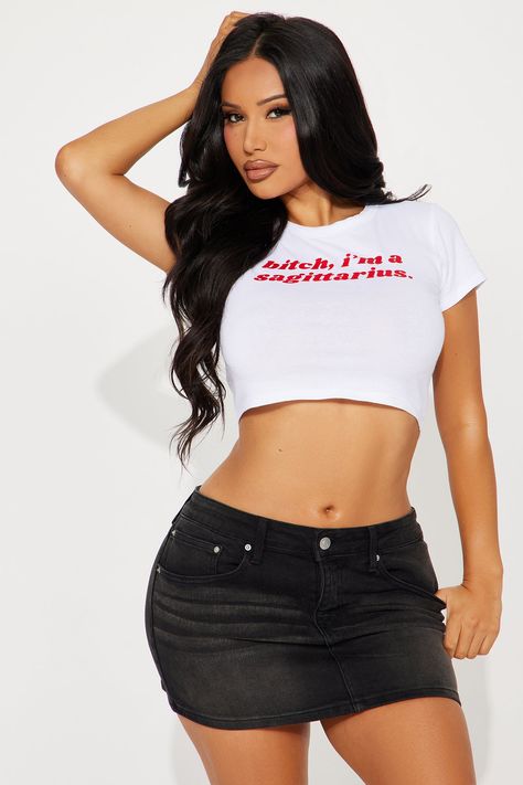 Available In White. "Bitch I'm An Sagittarius" Verbiage Crew Neck Short Sleeve Fitted 95% Cotton 5% Spandex Imported | Bitch I'm A Sagittarius Fitted Tee Shirt in White size Large by Fashion Nova Women Tees, Sweater Jumpsuit, Fitted Tee, Matching Dresses, White Fashion, Graphic Tees Women, Workout Tee, Jigsaw Puzzle, Womens Clothing Tops