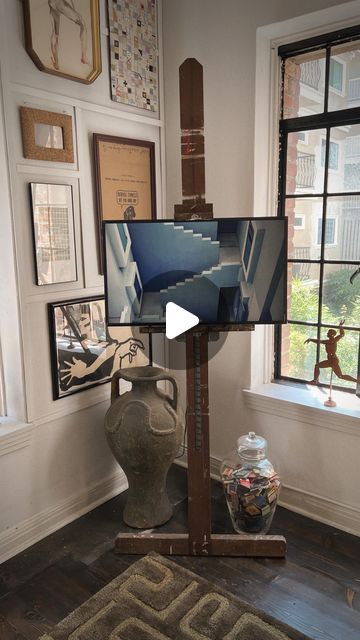 Justin Miller on Instagram: "Mounting your tv to an easel makes it feel like an accessory to your room, instead of a focal point. I did this 2.5 years ago and still love it, but mightttt change it up soon just for fun!

#arteasel #easel #samsungframetv #designonadime #diyhomeprojects #interiordesigntips #lookforless" Picture Easel Stand Diy, Diy Tv Easel Stand, Tv On Easel, Tv Easel, Tripod Tv Stand, Easel Tv, Easel Tv Stand, Easel Stand, Art Easel