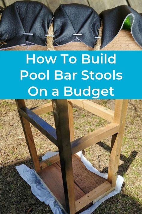 I built some stools with scrap wood but they needed some TLC. Instead of paying someone to upholster them, I went and diy-ed a gorgeous bar stool. diy | diy bar stools | furniture build | build it yourself | diy chairs | chair transformations | upcycles | chairs | pool side | bar stools | sponsored Diy Pool Stool, Outdoor Bar Stools Diy, Diy Pool Bar, Bar Stool Diy, Diy Chairs, Backyard Sandbox, Stool Diy, Backyard Play Spaces, Pool Side Bar