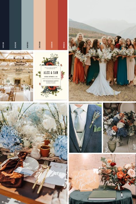 Terracotta Green And Blue Wedding, Steel Blue And Copper Wedding, Fall Wedding Colors Navy And Rust, November Blue Wedding, Wedding Color Schemes With Navy Blue, Rustic Fall Wedding Colors Colour Palettes, Beachy Fall Wedding, Cobalt Blue Wedding Colors, Western Wedding Colors Schemes Turquoise