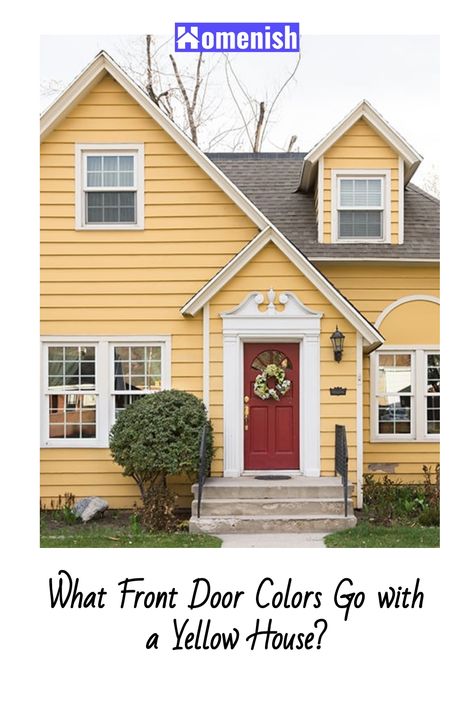 A front door is an important component of the home’s exterior. The color of the door needs to coordinate with the exterior siding as well as the roof and other architectural elements. When your house is yellow, you must decide the most suitable front door color to increase your home’s curb appeal.  In this article, we'll take a deep dive into the world of front door colors for a yellow house and help you find the perfect shade to suit your style. Front Door Color Yellow House, Light Yellow Brick House Exterior, Dark Yellow House Exterior, Yellow House Door Color Ideas, Yellow House Front Door Color Ideas, Yellow House Exterior Colour Palettes, Yellow House Front Door, Brown Roof Houses, Coral Front Doors