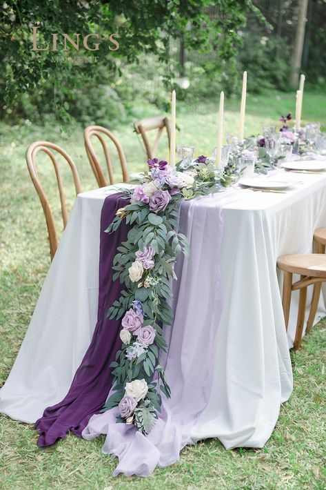 Lavender Wisteria, Banyan Leaf, Lavender Wedding Theme, Wisteria Wedding, Tangled Wedding, Eucalyptus Flower, Purple And Green Wedding, Wisteria Flower, Purple Table