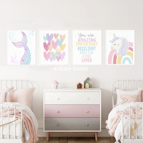 Rainbow Unicorn, Mermaid, hearts, pastel nursery decor Unicorn Mermaid Room, Unicorn Mermaid Bedroom, Rainbow Mermaid Tail, Bedroom Pastel, Unicorn Themed Bedroom, Unicorn Nursery Art, Mermaid Themed Bedroom Artwork, Unicorn Wall Decor, Rainbow And Unicorn Bedroom Wall Art