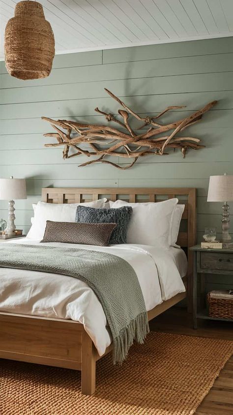 Living together & Home Decor Turquoise Rustic Bedroom, Couple Bedroom Decor Ideas, Wood Panel Bedroom, Sage Green Bedroom Ideas, Green Boys Room, Cottage Bedroom Decor, Sage Bedroom, Costal Bedroom, Bedroom Accent Wall