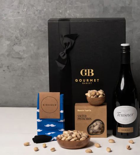 A unique Father's Day gift hamper featuring premium socks and a fine bottle of wine. Gift Hamper Ideas, Fathers Day Hampers, Gourmet Baskets, Basket Hamper, Hamper Ideas, Wine Socks, Great Presentations, Socks Gift, Bottle Of Wine