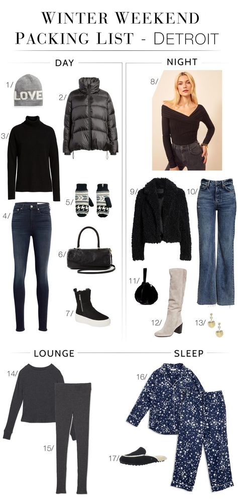 Winter Weekend Getaway Outfits, Winter Weekend Packing, Winter Getaway Outfits, Weekend Trip Outfits, Detroit Winter, Weekend Trip Packing List, Winter Travel Wardrobe, Weekend Trip Packing, Weekend Packing List