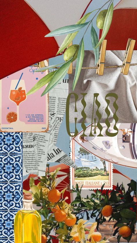 An eclectic collage of Souther Italian inspired images. The background is 3 red and white, retro inspired beach umbrellas against a bright blue sky. A series of images and graphics are overlayed on top. Images included in the collage are an olive branch at the top, a clothespin line across the screen, an aperol spritz poster, image of linen, torn newspaper, blue tile, a vintage Italian stamp, an olive oil bottle graphic, vintage suitcases under orange tree branches at the bottom, and word Ciao. Italian Birthday Aesthetic, Italian Summer Decor, Italian Summer Party Decor, Italian Summer Theme, Italian Summer Wedding Aesthetic, Italy Themed Party, Positano Vibes, Southern Italy Aesthetic, Italian Summer Aesthetic Vintage