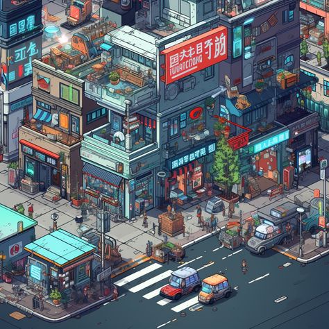 Cyberpunk City Illustration, Isometric Building Illustration, Retro City Aesthetic, Cyberpunk City Aesthetic, Isometric Town, Isometric Architecture, Cyberpunk Architecture, Cyberpunk Building, Cyberpunk Concept Art