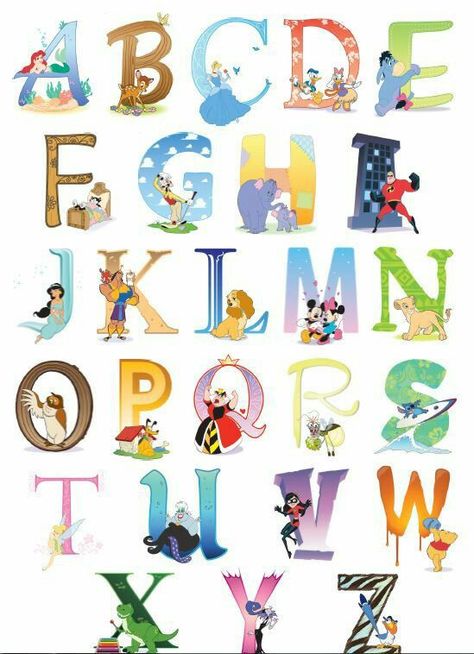 Disney Characters Letters, Disney Playroom, Alphabet Disney, Disney Themed Nursery, Disney Letters, Abc Patterns, Disney Alphabet, Alphabet Chart, Disney Classroom