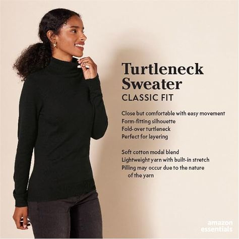 CLASSIC FIT: Close but comfortable fit with easy movement. COTTON BLEND LIGHTWEIGHT SWEATER YARN: Soft, lightweight sweater yarn with beautiful drape. TURTLENECK SWEATER: A modern, classic layering piece, perfect for both a polished and casual look. DETAILS: Features a fold-over turtleneck, rib detail at neck, cuffs, and hem. Hot Pink Skirt, Cotton Bralette, Under Armour Sweatshirt, Square Neck Bodysuit, Amazon Beauty Products, Amazon Essentials, Minimalist Wardrobe, Beauty Style, Long Sleeve Turtleneck