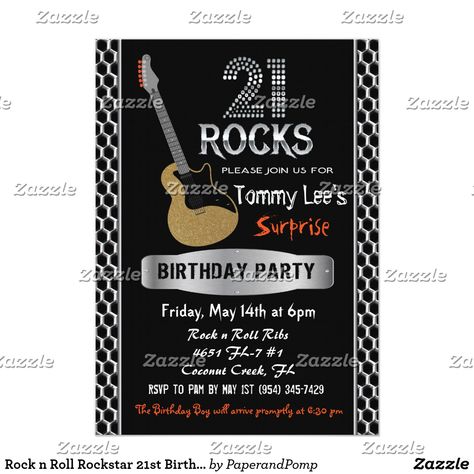 Rock n Roll Rockstar 21st Birthday Invitation Fun birthday party invites - customize your invitations. #birthdayparty #invites #invitations Rock Party Decorations, 60th Birthday Ideas For Dad, Rock And Roll Birthday, Music Birthday Party, Rockstar Birthday, 50th Birthday Invitation, Rock N Roll Party, 50th Birthday Party Invitations, Rock Star Party