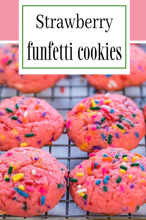 Pretty Strawberry Funfetti Cake Mix Cookies on a cooling rack with Pinterest overlay. Strawberry Funfetti Cake Mix Recipes, Strawberry Funfetti Cake, Confetti Cake Cookies, Funfetti Cake Mix Recipes, Instant Oatmeal Cookies, Strawberry Cake Cookies, Funfetti Cake Mix Cookies, Strawberry Cake Mix Cookies, Cake Box Cookies