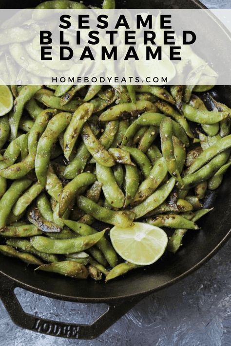 Sesame blistered edamame are one of the best, healthy side dishes or appetizers to add to any Asian meal. They're quick, require minimal ingredients, and taste delicious! These are seasoned with sesame oil, lime, and sea salt. #edamame #edamamerecipe #asiansidedish #asianappetizer Fried Edamame, Happy Hour Snacks, Asian Recipes Beef, Fall Side Dish Recipes, Dinner Side Dish Recipes, Summer Side Dishes Recipes, Edamame Recipes, Recipes With Soy Sauce, Asian Appetizers