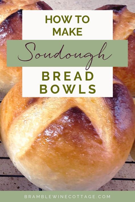 Sourdough bread bowls are such a fun way to serve up a thick and hearty soup, stew, or chili. This recipe makes 6 to 8 bowls. Traditional and added yeast methods. Sourdough Bowl Recipe, Quick Sourdough Bread, Sourdough Bread Bowl Recipe, Sourdough Bread Bowls, Mini Bread Bowls, Dough Starter Recipe, Bread Bowl Soup, Homemade Bread Bowls, Bread Bowl Recipe