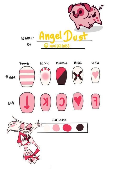 Nail Ideas Characters, Nail Ideas Hazbin Hotel, Fizzarolli Nails, Hazbin Hotel Inspired Nails, Helluva Boss Nails, Hazbin Hotel Nails, Dust Nails, Angel Nails, Crazy Nail Art